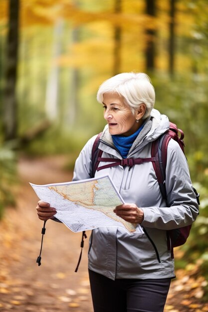 Schot van een oudere vrouw die naar een kaart kijkt tijdens een wandeling in het bos gemaakt met generatieve AI