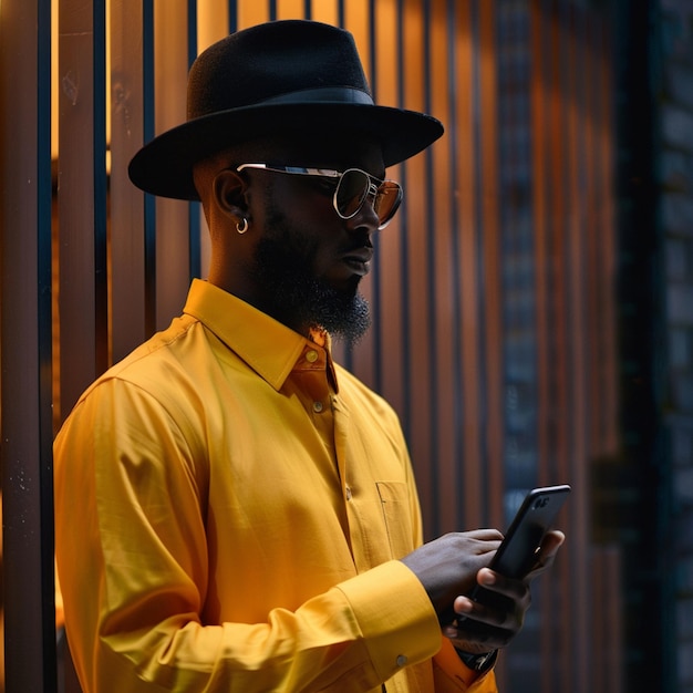 Schot van stijlvolle donkere huid hipster in modieus shirt en hoed houdt smartphone vast