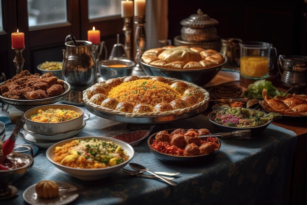 Schot Van Traditionele Ramadan Maaltijd Verspreid Met Gerechten Zoals Biryani Kebab En Samosas Generatieve AI