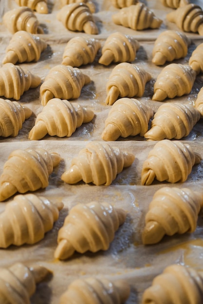 Schot van veel croissants op een rij die al met ei zijn besmeurd in een bakkerij