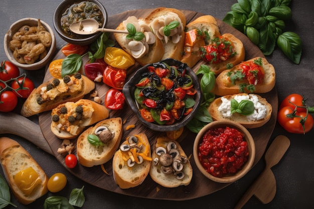 Schotel bruschetta met diverse toppings waaronder geroosterde knoflook en rode peper