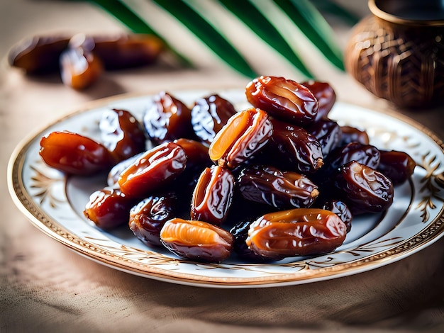 Schotel met heerlijke palmbomen op een houten eettafel voor Iftar Ramadan Kareem Islamitische achtergrond Kopieerruimte