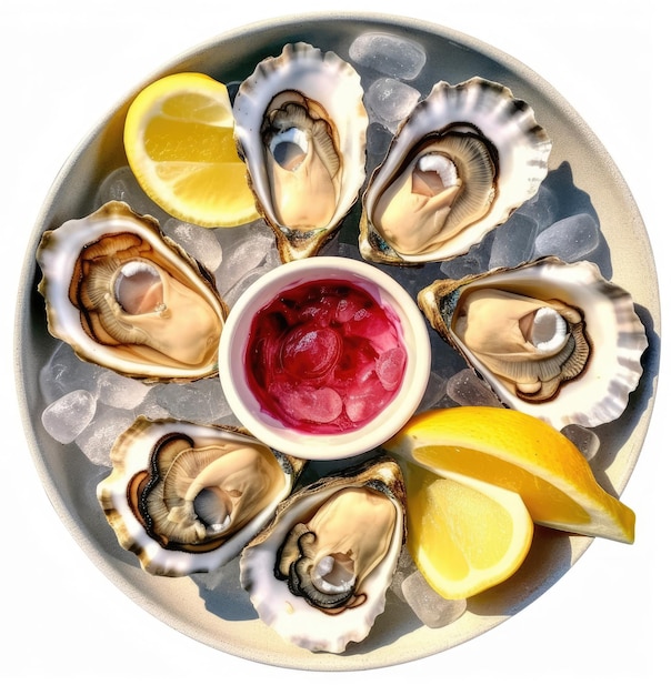Schotel met oesters gesneden citroenijs op een witte achtergrond