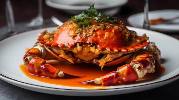 Schotel van gekookte krab in tomatensaus op een witte plaat generatieve ai