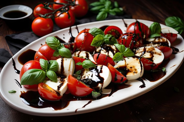 Schotel van mozzarella, basilicum en tomaten met balsamico glazuur gemaakt met generatieve ai