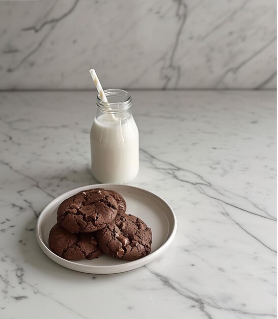 Foto schotelkoekjes en een glas melk op servies