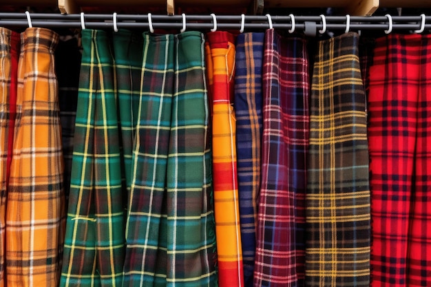 Schotse tartan kilts die naast elkaar hangen in detail.