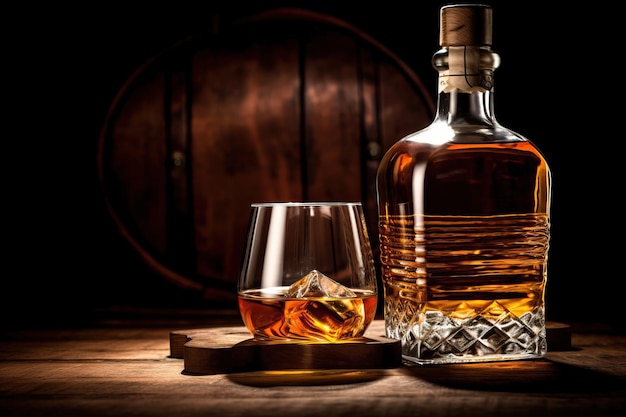 Schotse whiskyfles en glas met oud houten vat erachter