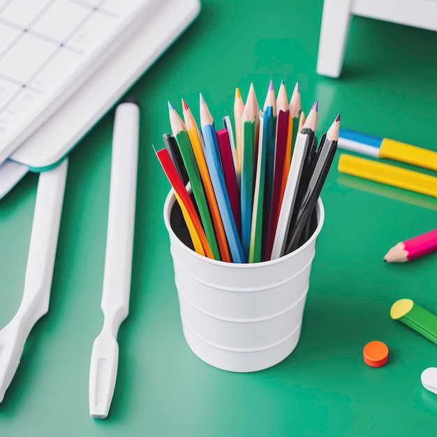 Schrijfgereedschap Potloden papieren clip pen gum in een witte emmer Stille leven op groene schoolbord achtergrond Kopieerruimte Plat leggen Bovenbeeld Concept Onderwijs