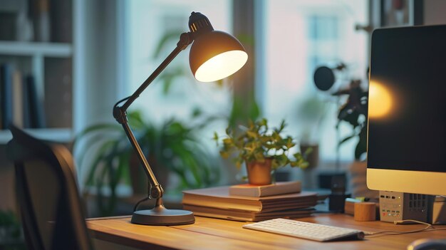 Schrijflamp op een houten tafel in een goed verlichte kamer Terug naar school