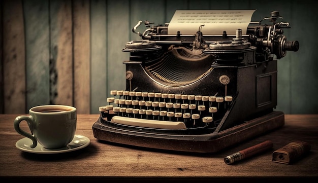 Schrijfmachine op antieke houten tafel Nostalgisch rustiek Stilleven generatieve AI