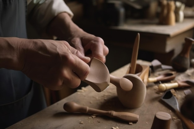 Schrijnwerker die zorgvuldig houten lepel vormgeeft met handgereedschap gemaakt met generatieve ai