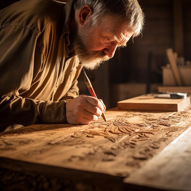 Schrijnwerker maakt merken op houten details