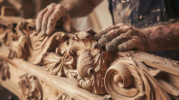 Foto schrijnwerkers met de handen aan het houtsnijden ambachtslieden met de hand aan het snijden van details op houten meubels