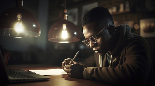 Schrijver Mannelijke Afro-Amerikaanse middelbare leeftijd Schrijven op een laptop in Coffee Shop Generatieve AI AIG22