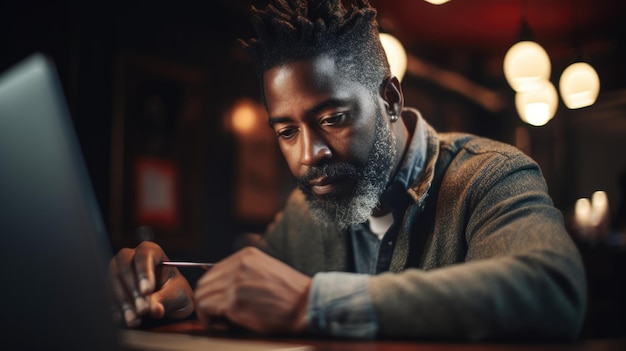 Schrijver Mannelijke Afro-Amerikaanse middelbare leeftijd Schrijven op een laptop in Coffee Shop Generatieve AI AIG22