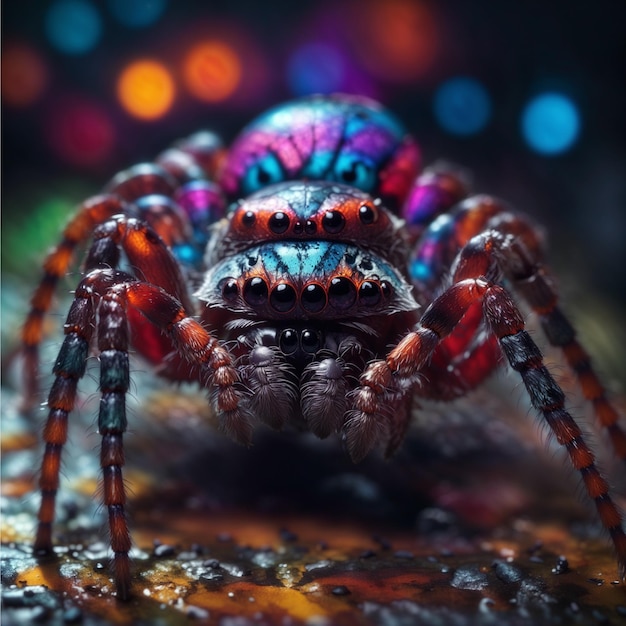 Foto schrikwekkende macro spinnen kruipen dicht in focus kleurrijke middernacht