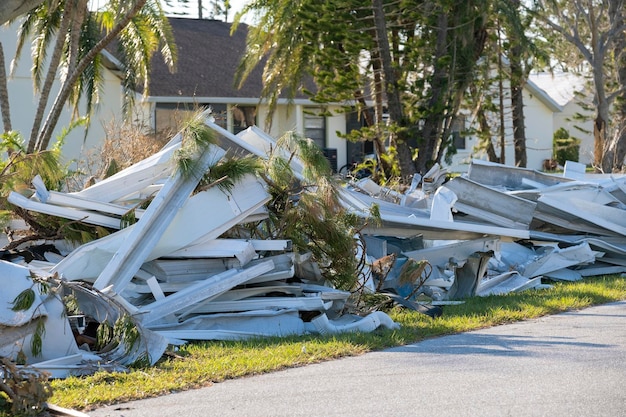 Schroot in hopen aan de straatkant weggegooid nadat de orkaan huizen in de woonwijk stacaravans in Florida ernstig beschadigde Gevolgen van een natuurramp