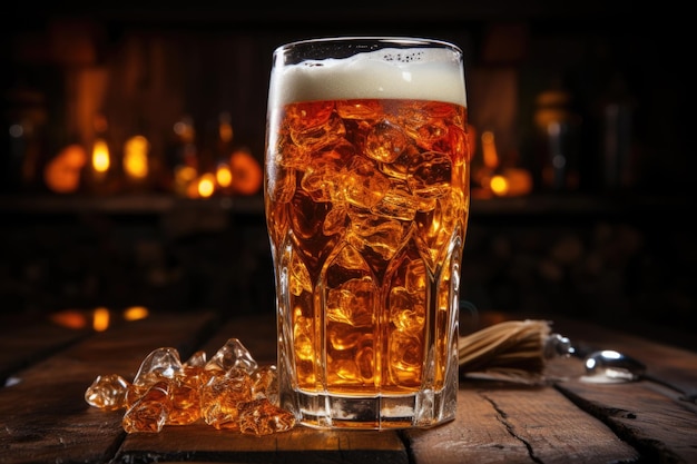 Schuimend bier in een bierglas op de houten tafel gegenereerd door Ia generatieve IA