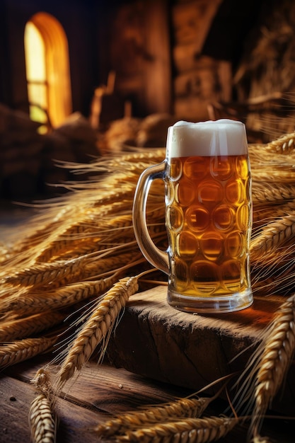 Foto schuimend bier in een klassieke beker te midden van tarwe op rustiek hout