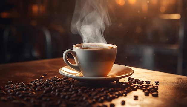 Schuimende cappuccino op houten tafel stoom die stijgt gegenereerd door AI