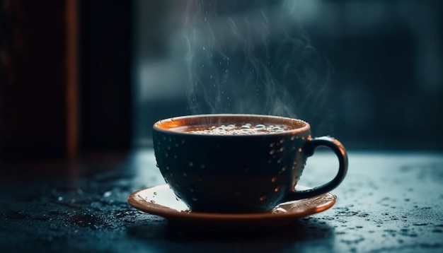 Schuimende cappuccino-stoom stijgt op van rustieke houten tafel gegenereerd door AI