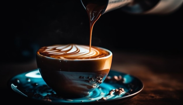 Schuimige cappuccino gegoten in een mok op houten tafel gegenereerd door AI