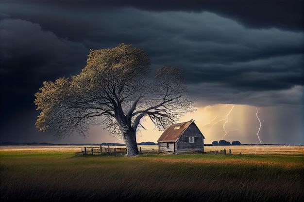 Schuur op een boerderij tegen de achtergrond van een naderende storm Generatieve AI Generatieve AI