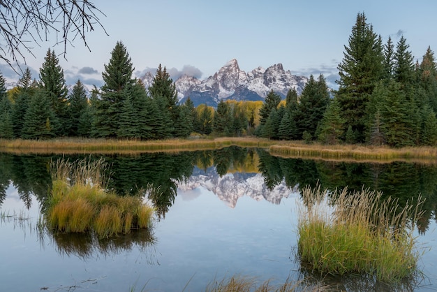 거대한 Teton 산맥 근처의 Moose Wyoming에 착륙하는 Schwabachers