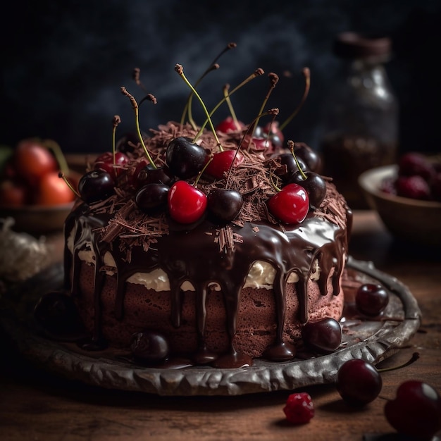 Schwarzwald cake Chocolate cake with buttercream and cherries Generative AI