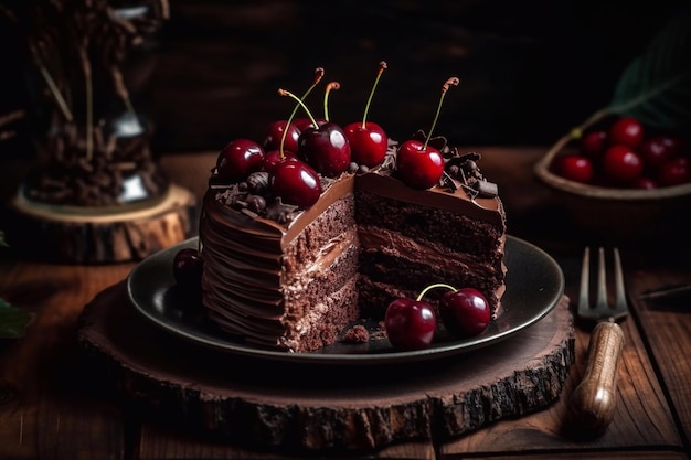 Schwarzwald cake Chocolate cake with buttercream and cherries Generative AI