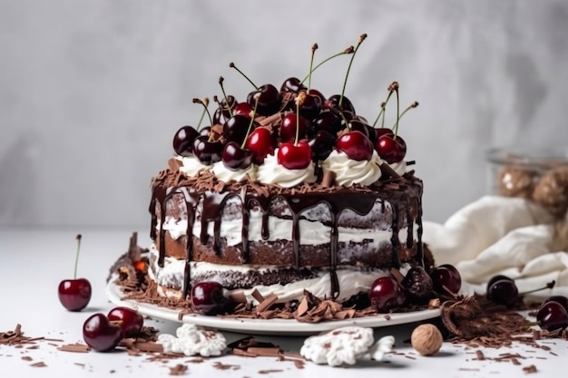 Schwarzwald cake Chocolate cake with buttercream and cherries Generative AI