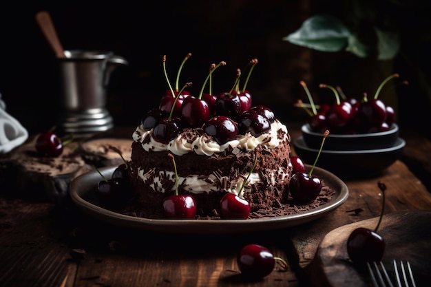 Schwarzwaldtaart Chocoladetaart met botercrème en kersen Generatieve AI