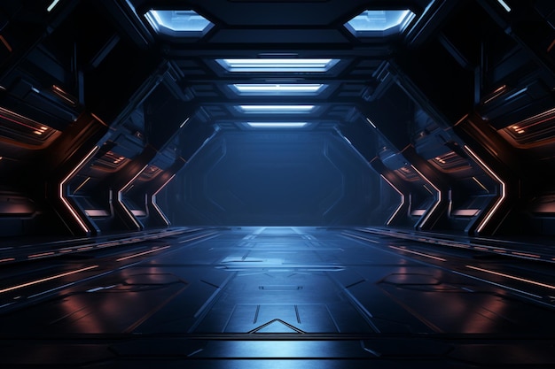 Sci fi ambiance 3D illustration transforms an empty dark room into futuristic marvel