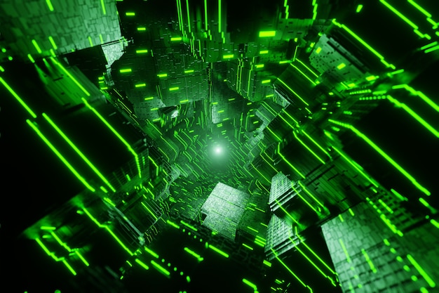 Sci-fi city futuristic stream Data Communication flying into digital technologic tunnel animation 3D rendering