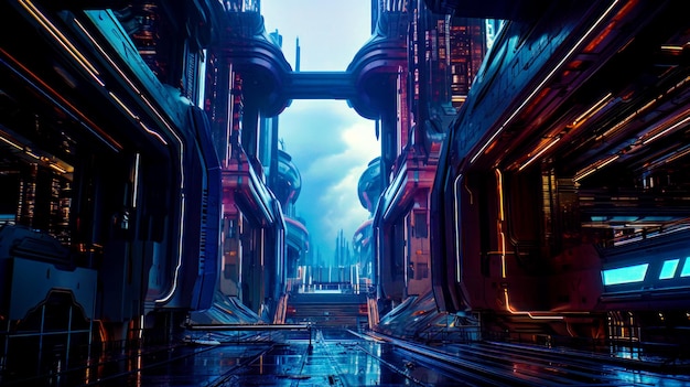 Sci fi city is shown from the inside of futuristic building Generative AI