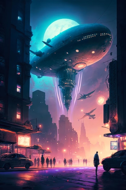 Sci fi city at night with spaceship flying over the city Generative AI