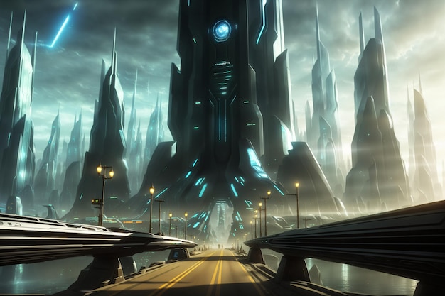 научно-фантастический город с футуристическими зданиями на горизонте концепт-арт киберметавселенный город