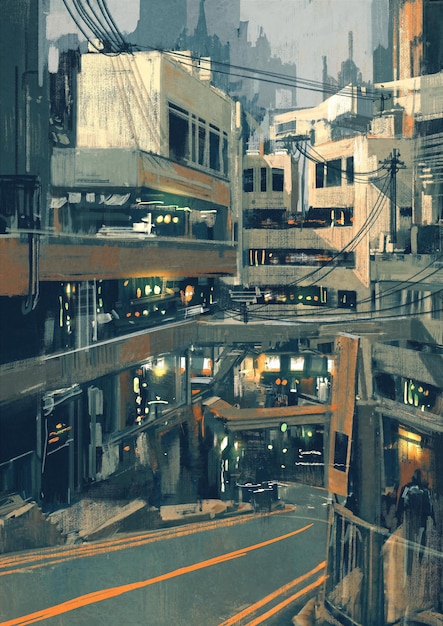 未来的な建物、イラストデジタル絵画とSFの街並み