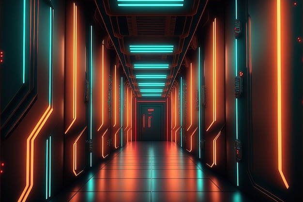 Sci fi Corridor met neonlichten Generatieve Ai