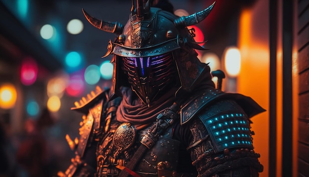 Foto samurai cyberpunk fantascientifico nella città cyberpunk con luci al neon. illustrazione digitale