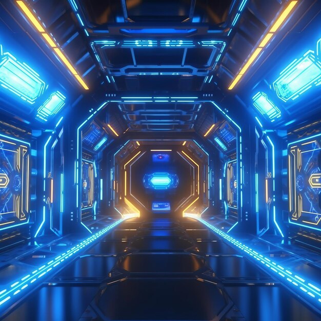 A sci fi fi fi tunnel with blue lights