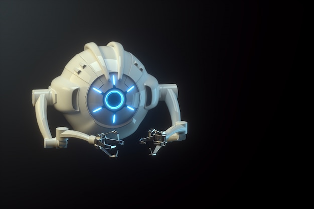 sci fi flying drone with camera or futuristic assembly machine isolated on black wall. future technologies, artificial intelligence. 3d render, 3d illustration.