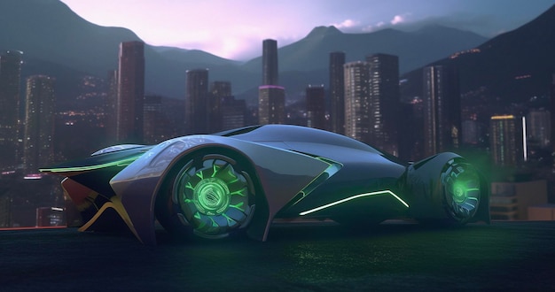 Foto futuro fantascientifico e tecnologia con auto in città per veicoli elettrici di lusso e illuminazione futuristici