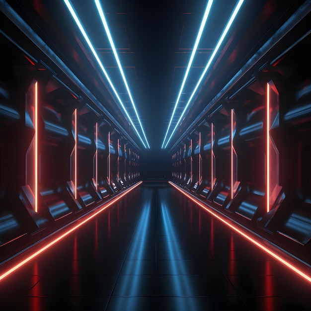 SF の未来的な抽象的な暗いトンネル廊下とネオンの光エイリアン船宇宙トンネル廊下