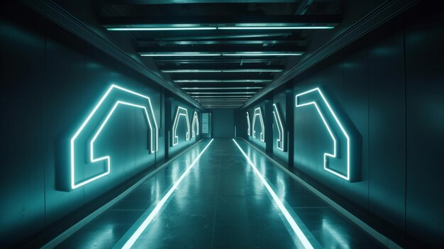 Sci Fi Futuristic Blue Cyber Modern Neon Led Arrow Shaped Lights Catwalk Tunnel Garage Corridor