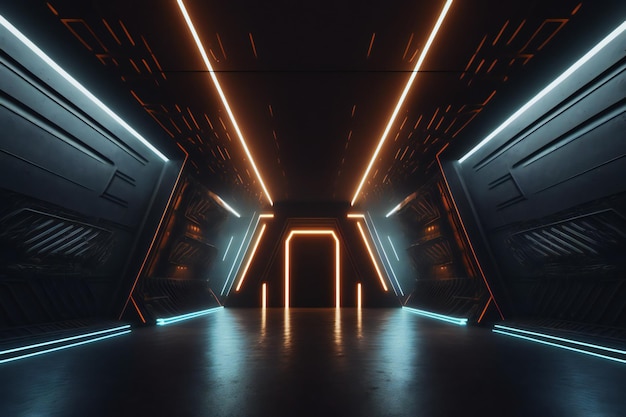 Научно-фантастическая футуристическая студийная темная комната на космической станции со светящимися неоновыми огнями на заднем плане