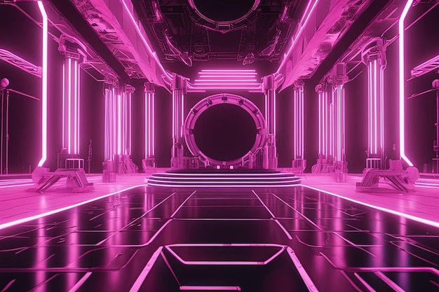 sci fi futuristische futuristische neon gloeiende paarse en roze tunnel met neonlijnen en lichten van de toekomst