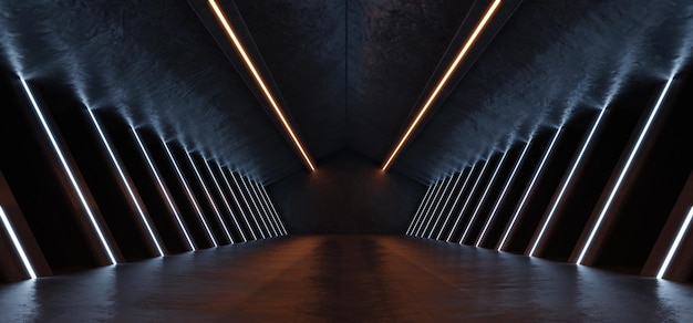 Sci Fi futuristische studio podium donkere kamer in ruimtestation met gloeiende neonlichten achtergrond
