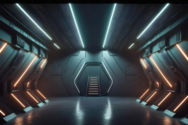 Sci Fi futuristische studio podium donkere kamer in ruimtestation met gloeiende neonlichten achtergrond